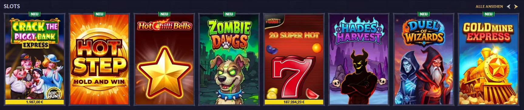 LolaJack Casino mit verschiedenen Slot-Spielen in der Rubrik Slots