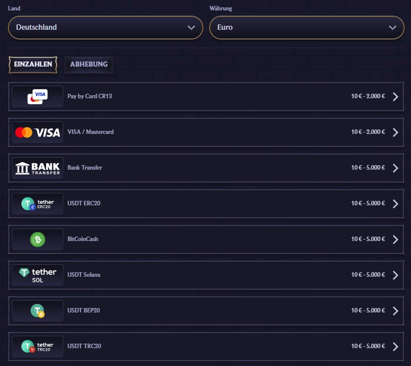 LolaJack Casino Einzahlungen mit Visa Mastercard Banküberweisung und Kryptowährungen